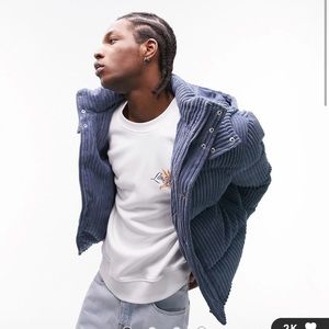 TOPMAN cord puffer jacket with hood in blue